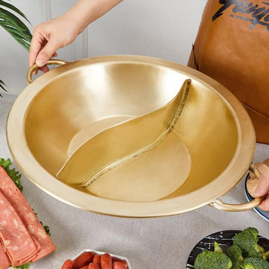 Chinese Hot Pot,Copper Hot Pot, Chafing Dishes Brass Induction Hot Pot Mandarin Duck Copper Pot Double-Ear Hot Pot Home Stew Pot Soup Pot Suitable for Family Dinner and Outdoor Picnic(34cm)