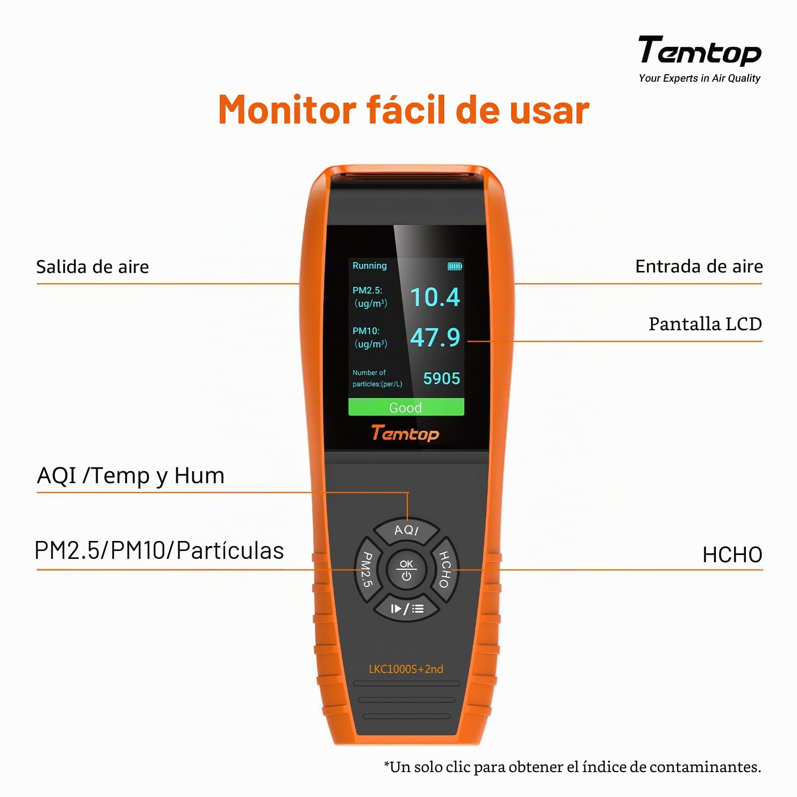 Temtop LKC-1000S+2ND Detector de Calidad del Aire Detector de Calidad del Aire Monitor de Formaldehído para Interiores y Exteriores HCHO / PM2.5 / PM10 / TVOC