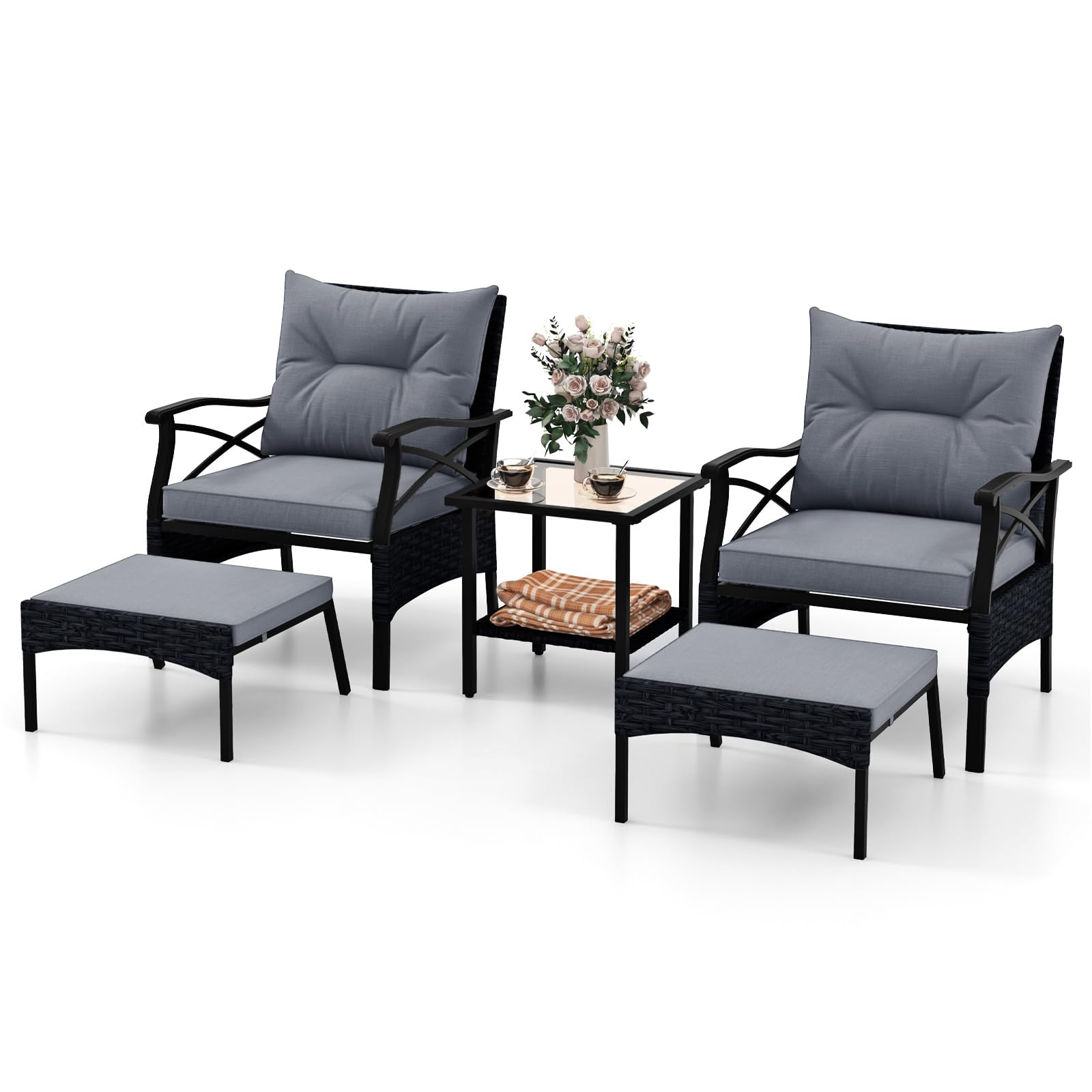 LIFEZEAL Salón de jardín exterior de ratán PE, juego de jardín exterior, 5 piezas, 2 sillones con cojines y 2 reposapiés, mesa de cristal con un estante, sillones, para terraza y patio (gris)