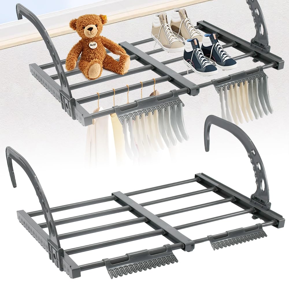 LPAMABA Tendedero Balcón Barandilla Extensible 32-55cm, Tendedero de Radiador Plegable Tendedero de Ropa Plegable Extensible de Acero Inoxidable Colgadores de Ropa para Secar Calcetines Ropa Zapatos