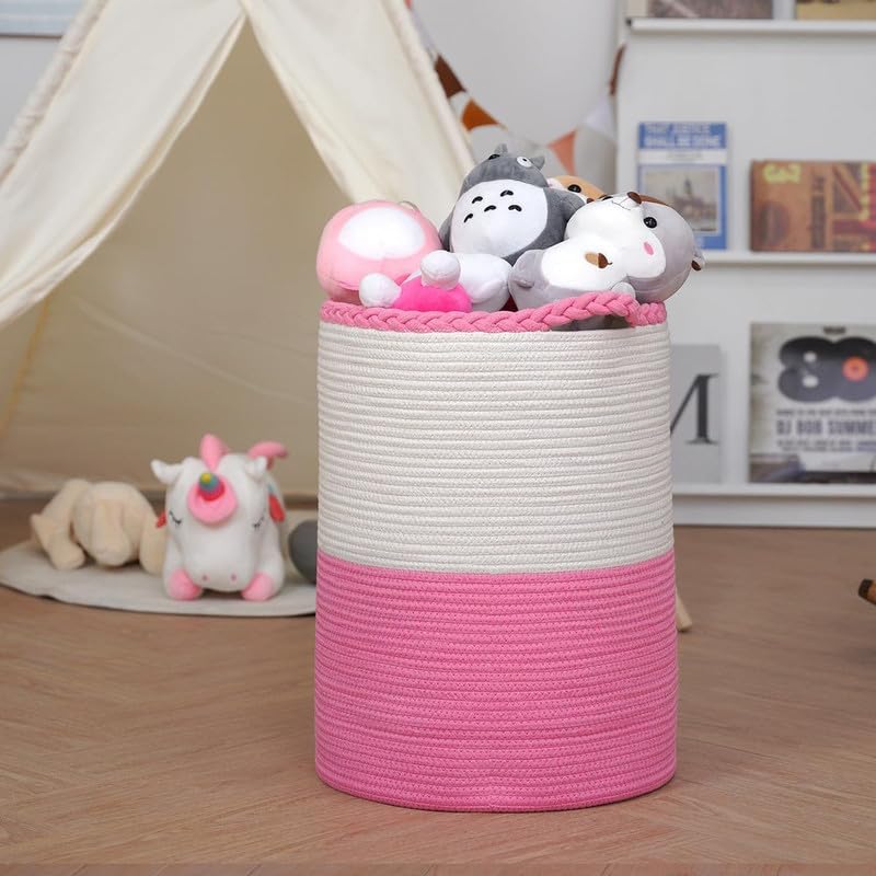 Image of Storage Rope Laundry Hamper Basket for Clothes, Towels and Blankets in Livingroom, Bedroom, Laundry Room and Basket for Nursery Storage (Size - 14 inch x 14 inch x 18 inch) (Pink White Zig Zag)