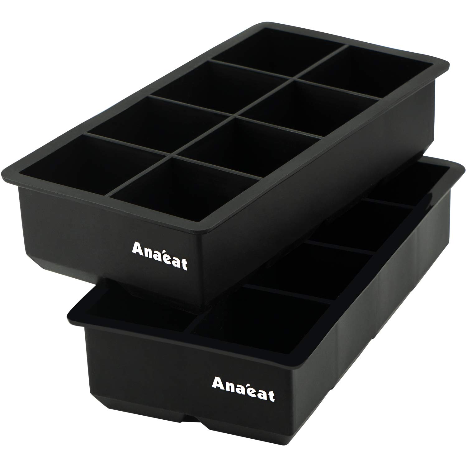 AnaeatLarge Ice Cube Trays Silicone Set of 2, Reusable Square Ice Cubes Mold Maker Easy-Release for Whiskey, Cocktails, Soups, Baby Food and Frozen Treats - Flexible and BPA Free (Black-8 Cubes)