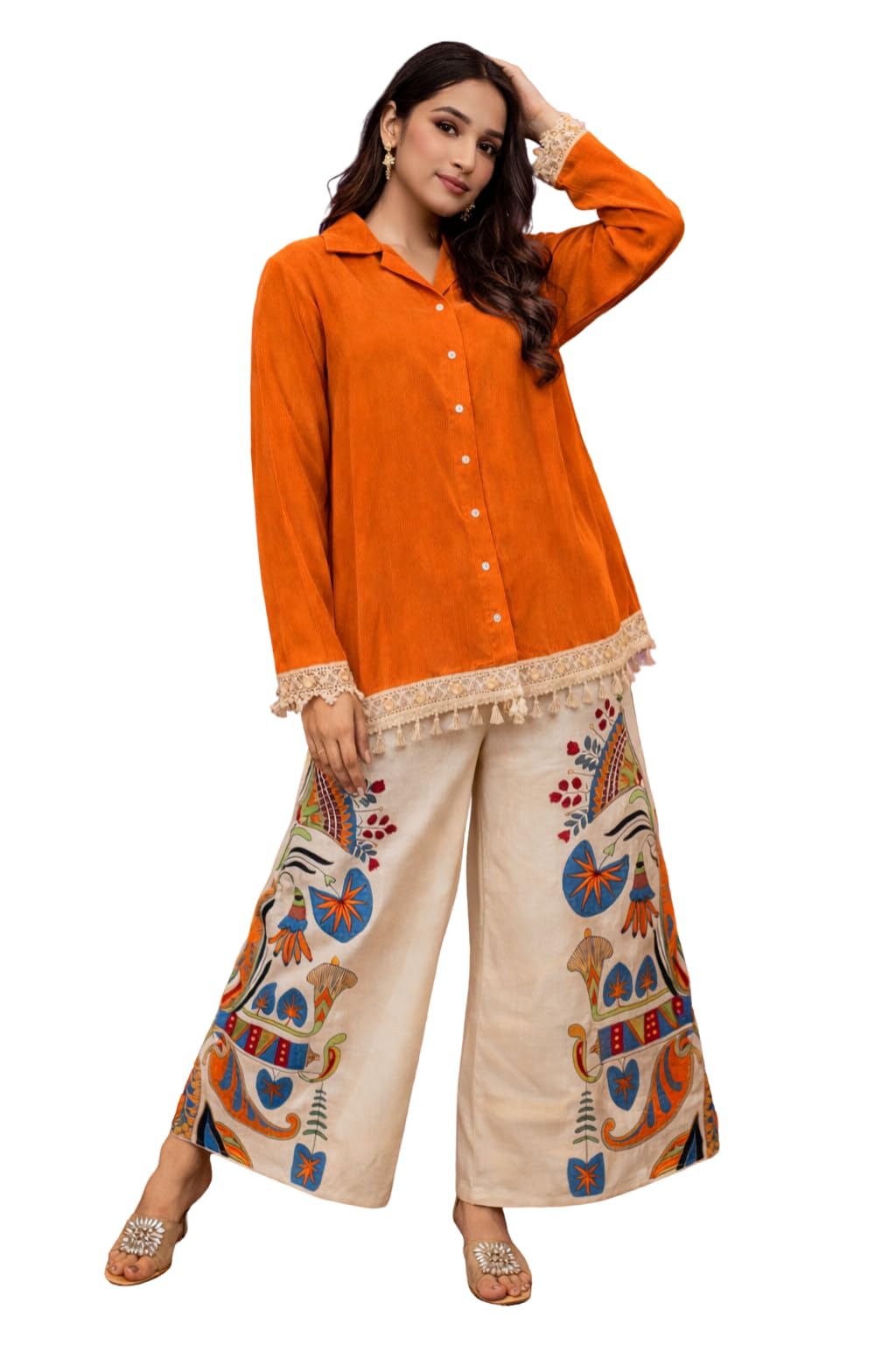 shrisay creation Women's Rayon Silk Printed Work Co_Ord Set Collor Neck & 3/4 Sleeve Lightweight & Breathable Fabric_Orange_XL-Soft & Comfortable-picture-15