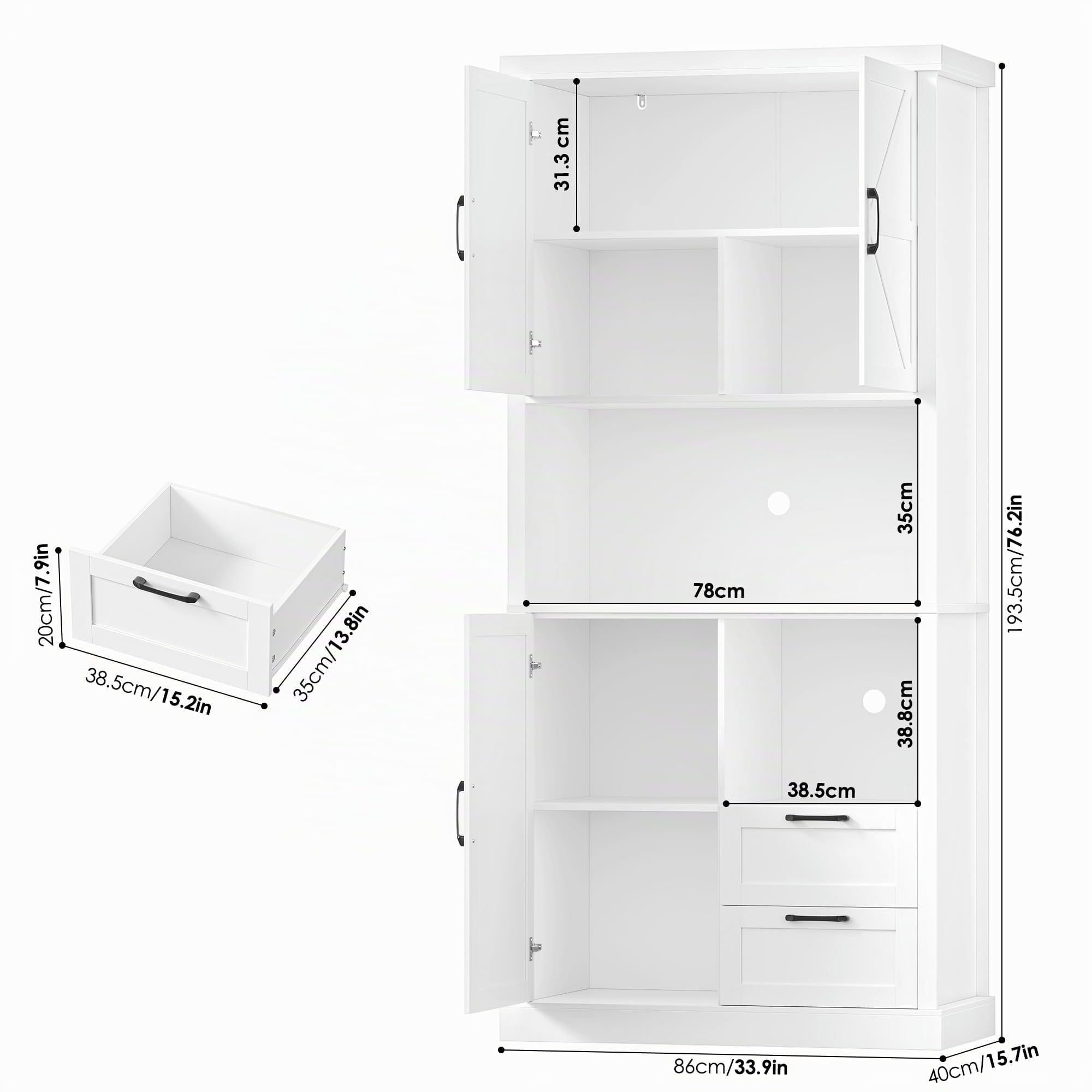 HOCSOK Küchenschrank, 193 cm Küchenbuffet Buffetschrank Weiß, 7 Staufächer | Vorratsschrank Küche mit 3 Türen und 2 Schubladen für Küche, Schlafzimmer, Wohnzimmer und Esszimmer, 193×80×40 cm