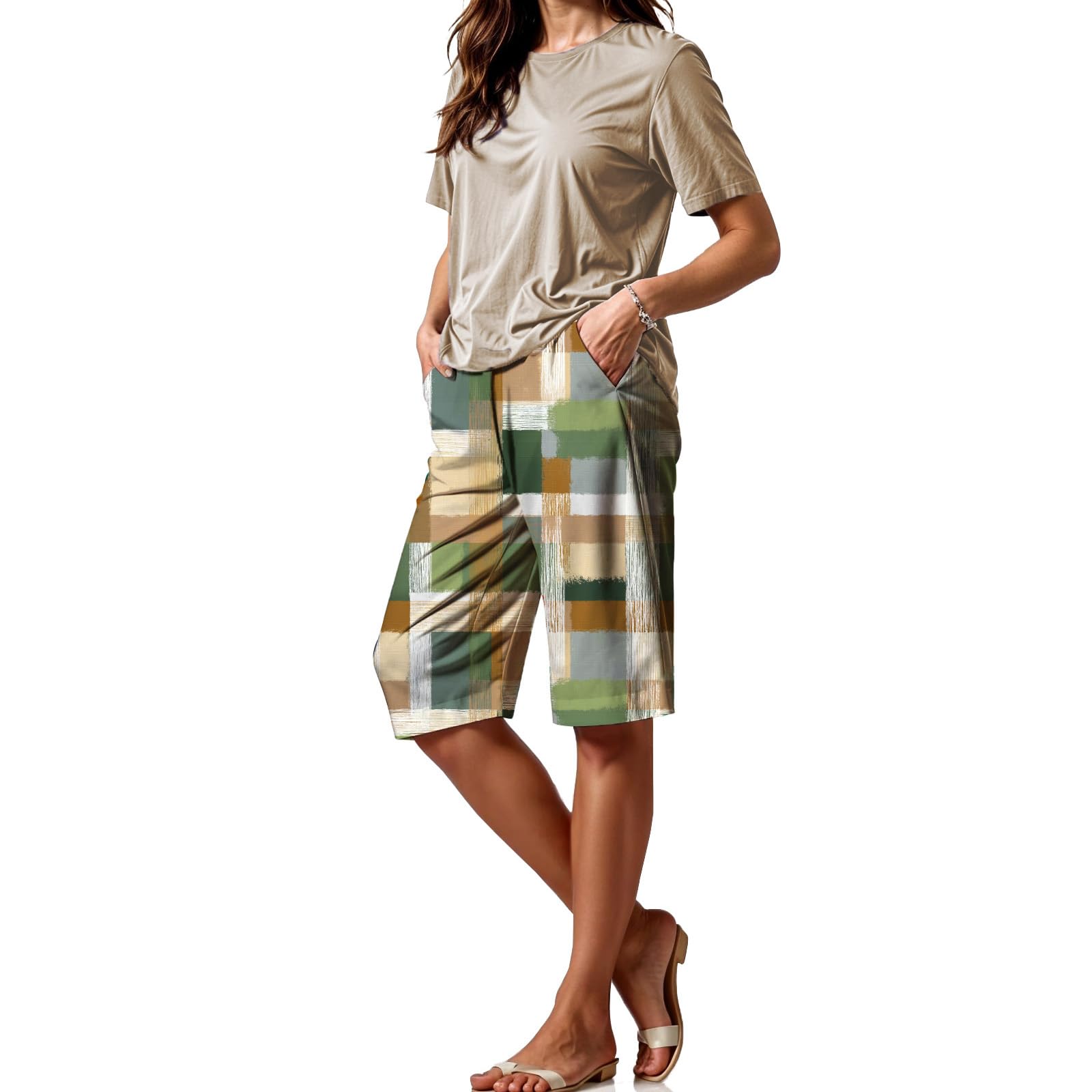 Plaid Graphic Shorts for Women Fashion Casual Drawstring Elastic Waist Bermuda Shorts Summer Beach Vacation Pants