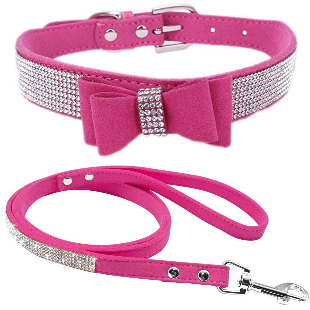 haoyueer Cute Dazzling Sparkling Elegant Fancy Soft Suede Leather Bling Rhinestone Crystal Jeweled Pet Cat Dog Puppy Collar Dog Leash Combo Set (XS, Pink-1) — view 29
