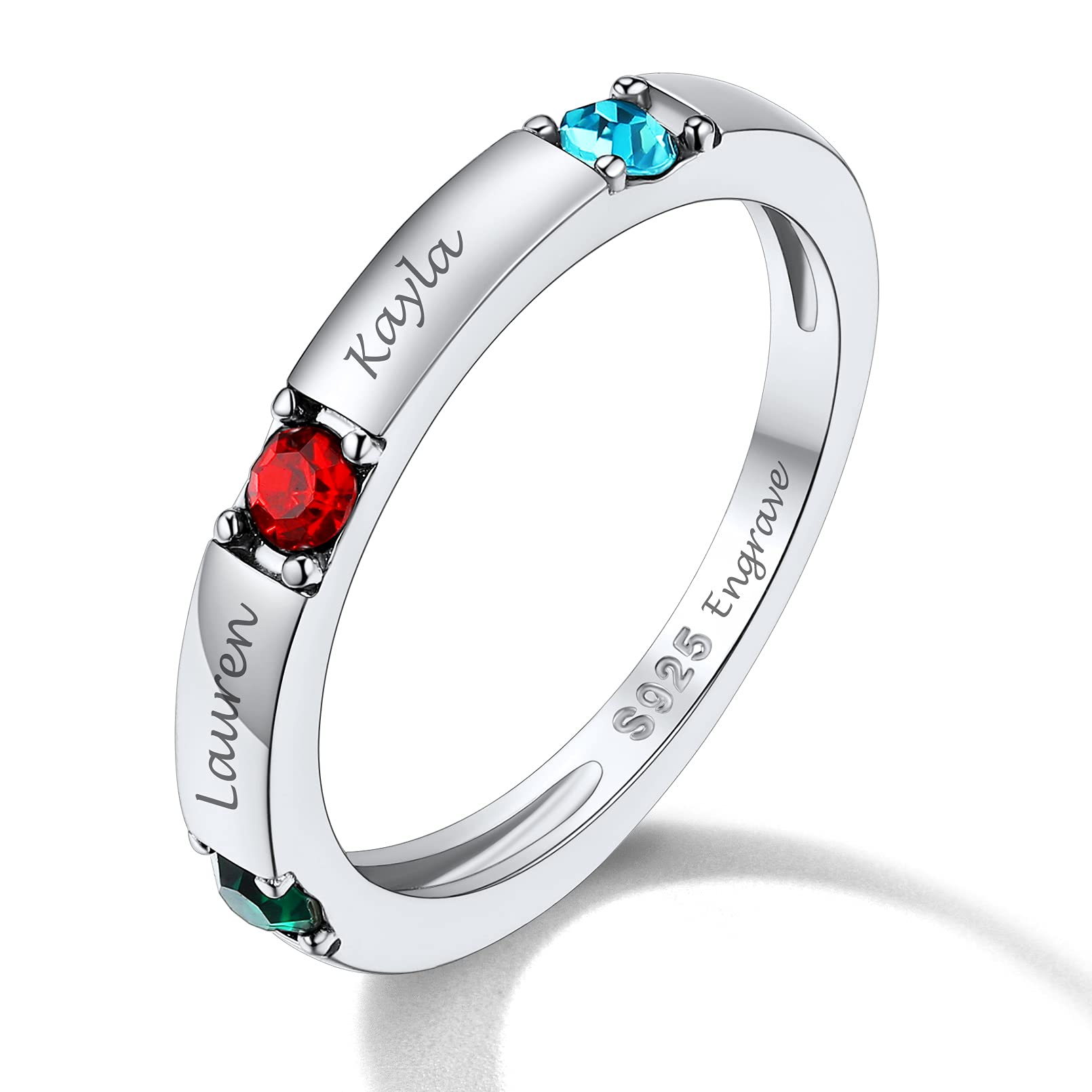 Custom4U Personalizado Anillo Fino de Compromiso Plata de Ley 925 con 1/2/3/4 Piedras de Cumpleaños y Nombres Grabados Joyería Delicado de Promesa y Día Valentín Regalo para Parejas Talla 5-11