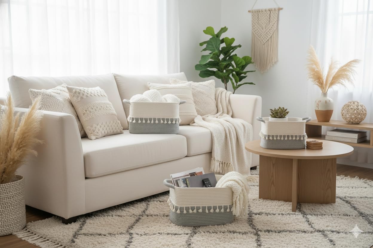 TeoKJ Cestini Intrecciati per Riporre Oggetti, in Corda di Cotone, Confezione da 3 Pezzi, Con Manici per Organizzare, Graziosi Cestini per Asilo Nido, Soggiorno, 38,1 x 25,4 x 22,9 cm, Bianco e Grigio