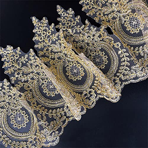 Kinsde 3 Yard Embroidery Lace Trim White Mesh Lace Ribbon Flowers Applique Lace Fabric for Handmade DIY Sewing Craft Wedding Bridal Dress Party Clothes Furniture Decoration (Golden)