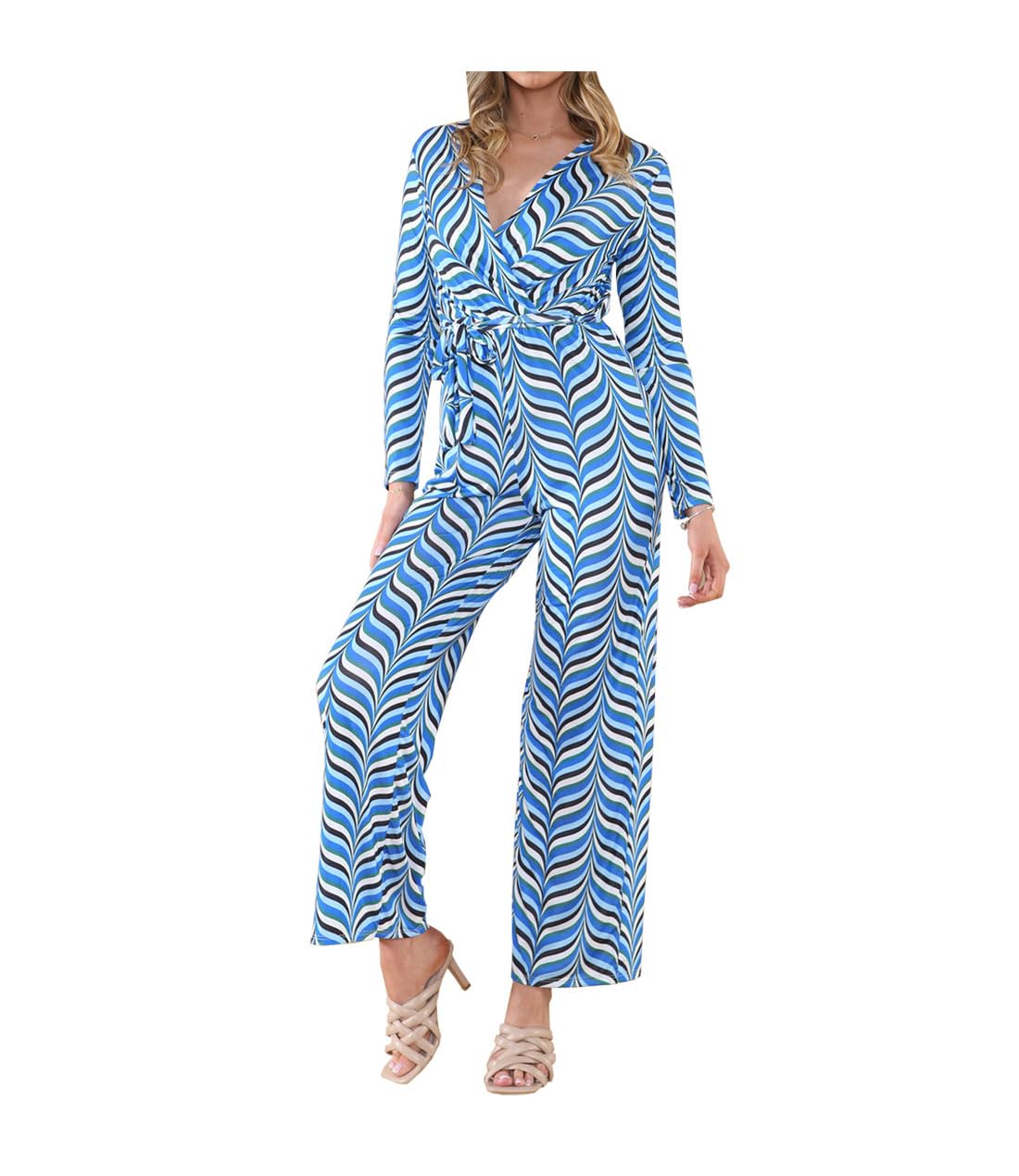 METLUQ M0D4 Ladies Long Sleeve V Neck Chevron Printed Jumpsuit Womens Tie Adjustable Wrap Wide Leg Playsuit