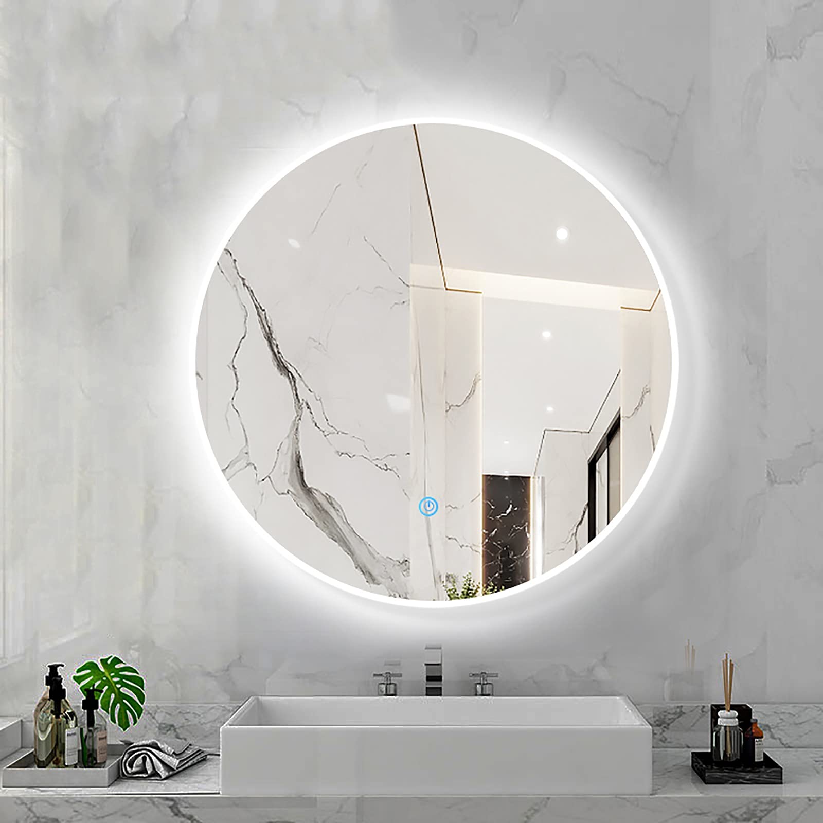 SXFSDOU Illuminated Round Bathroom Mirror with Sensor Touch Control, 3-Color Dimming, Wall-Mounted LED Makeup Mirror, Aluminum Alloy Frame, 50x50CM, White Finish