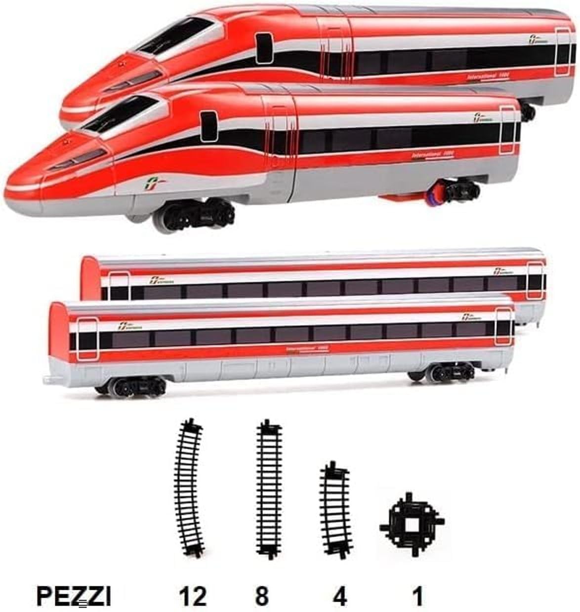 Pista Trenitalia Frecciarossa 1000 Scala 1:43 con luci e Suoni - Treno Giocattolo 2 locomotive 2 vagoni e 3 tracciati binari- Funzionamento a Batteria - idea regalo