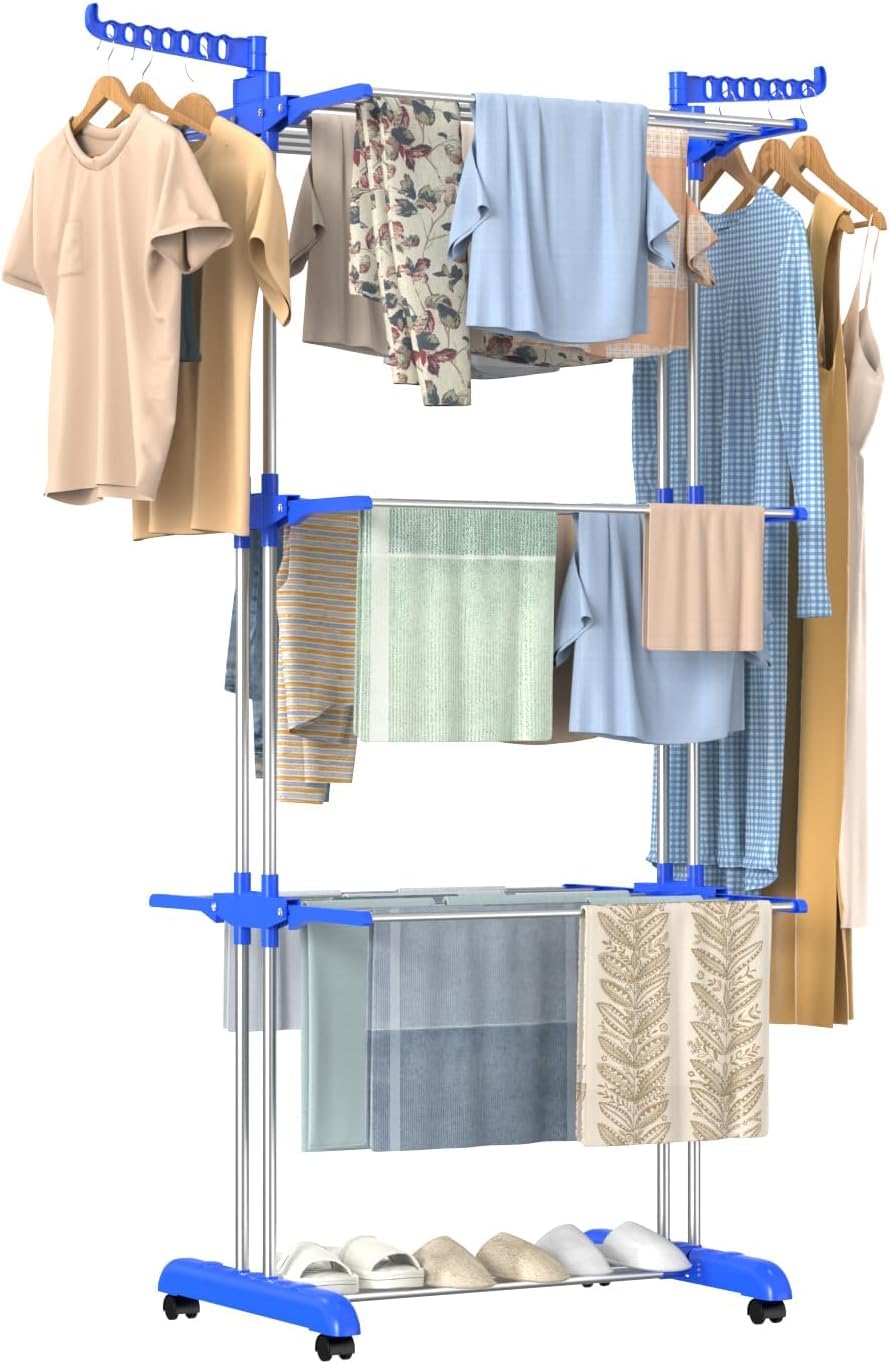 4 Tier Foldable Clothes Drying Rack/Poll | Adjustable Hanger Large Stainless Steel Laundry Rack | 360° Rotating Arms, Rolling Wheels, and Large Drying Space for Indoor/Outdoor Use