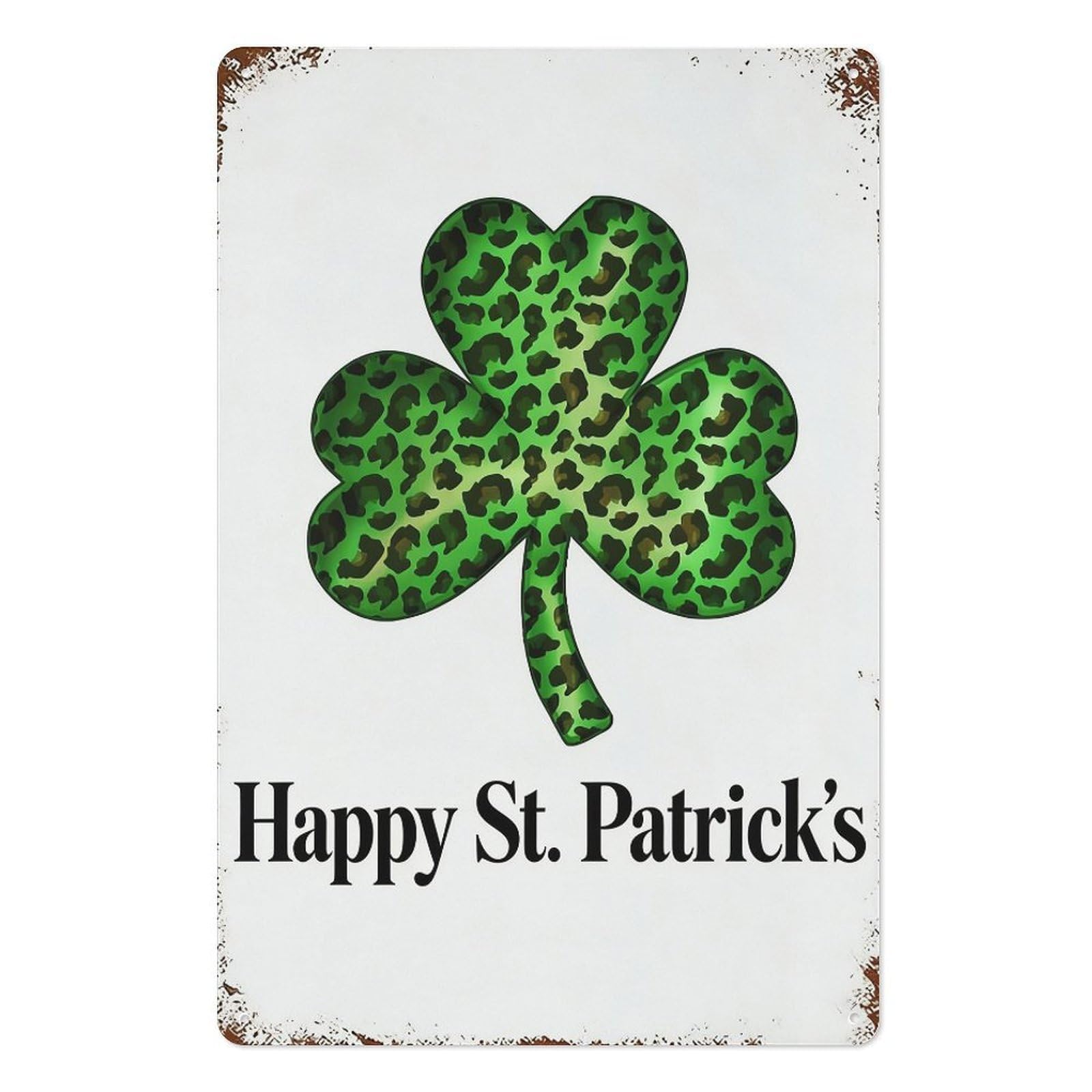 peiyeety Vintage Shamrock Clover Metal Tin Sign 8x12 Inch – St Patrick’s Day Wall Decor Green Leopard Pattern Wall Art Plaque