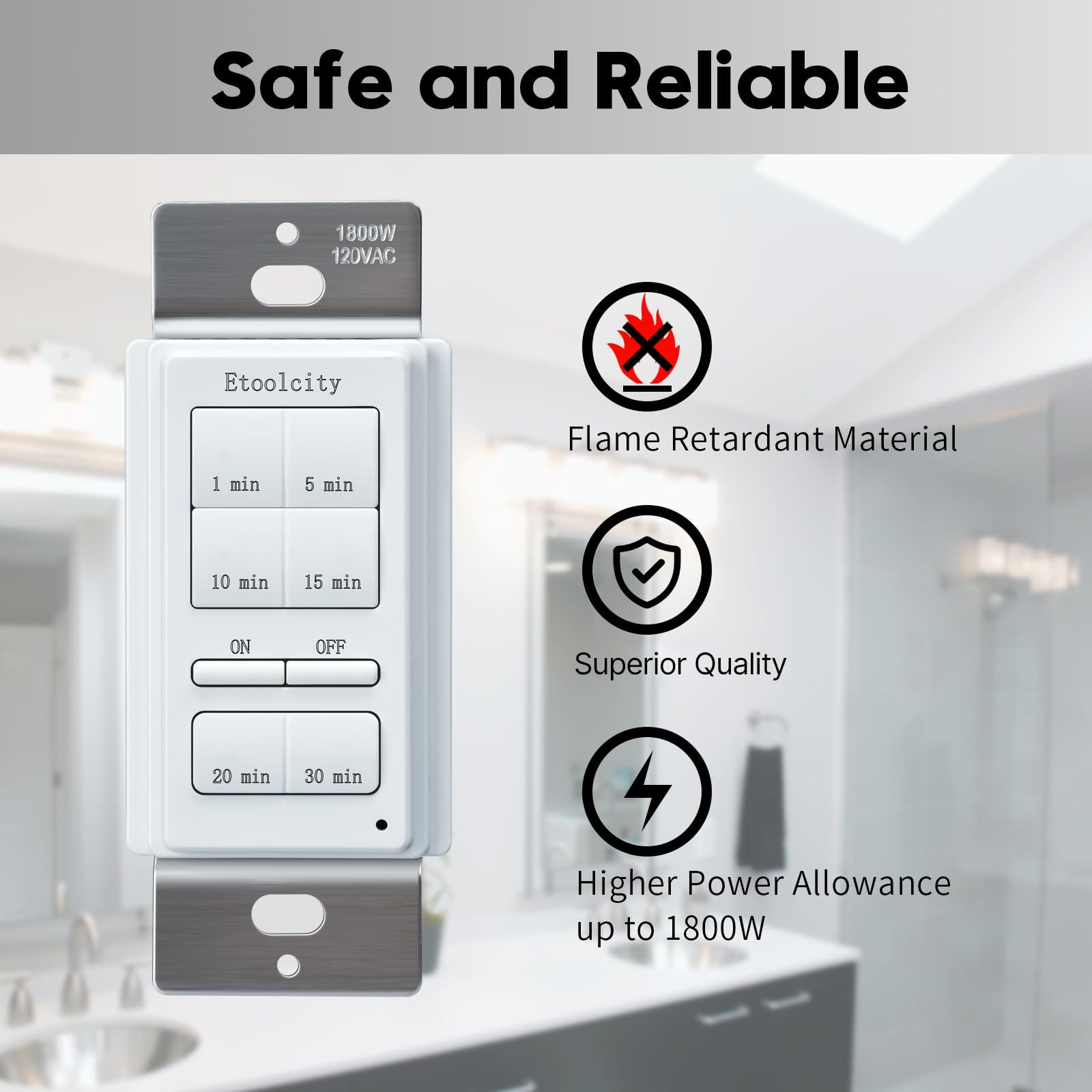 Countdown Timer Switch Etoolcity Bathroor Fan Timer with 130 Min Presets Neutral Wire Required 1800W Automatic Shut-Off for Bathroom Exhaust Fan White product thumbnail 5