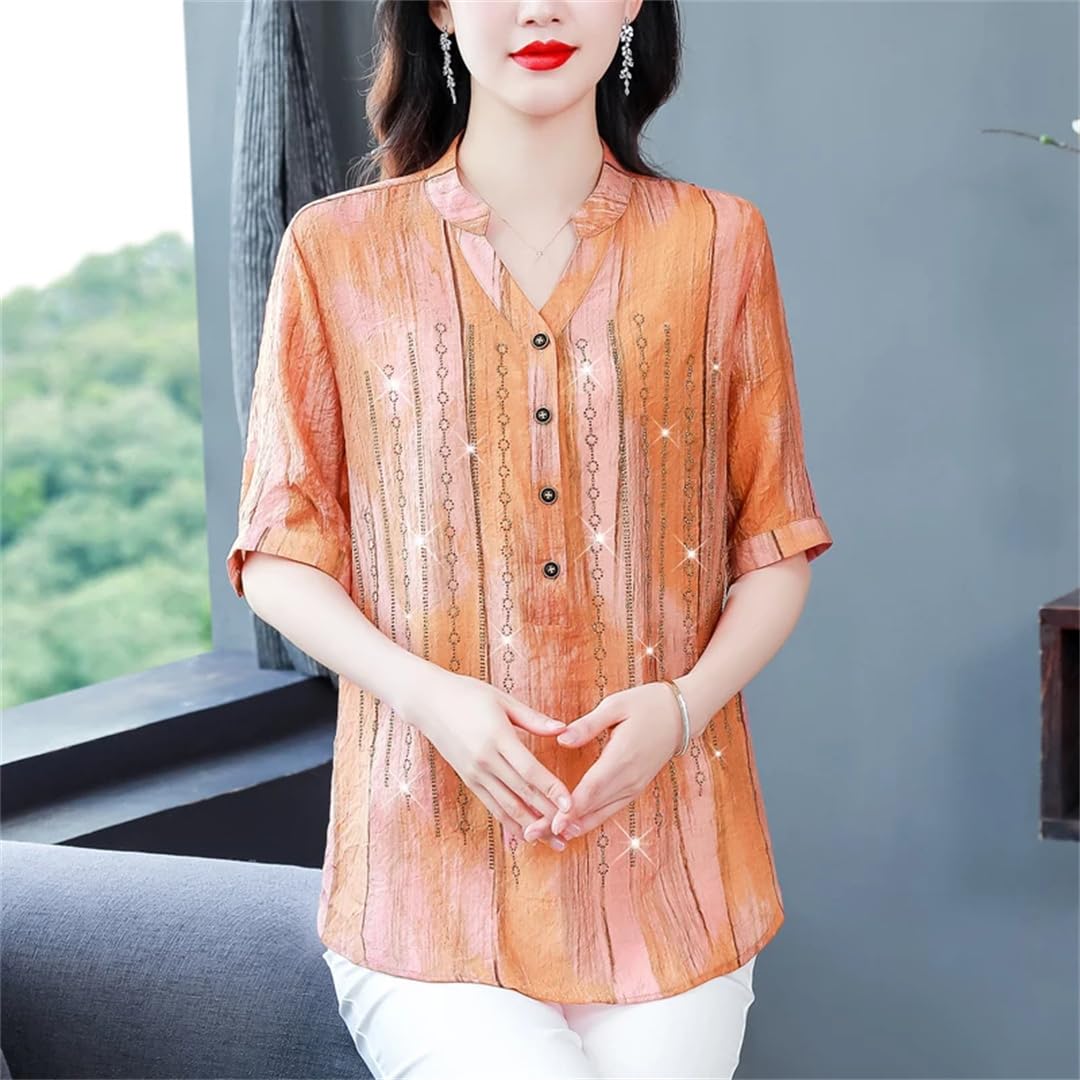 Top estivo da donna in chiffon stampato, scollo a V, ampio, con stampa a diamante, sottile