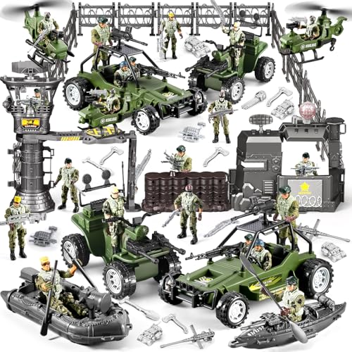 JASSKKBO 87-in-1 Army Men Toys Sets for Boys 4-7 8-12 , Military Base/Truck/Helicopter/Kayak Boat/Motorcycle/Army Men Action Figures/Weapon Gears,...