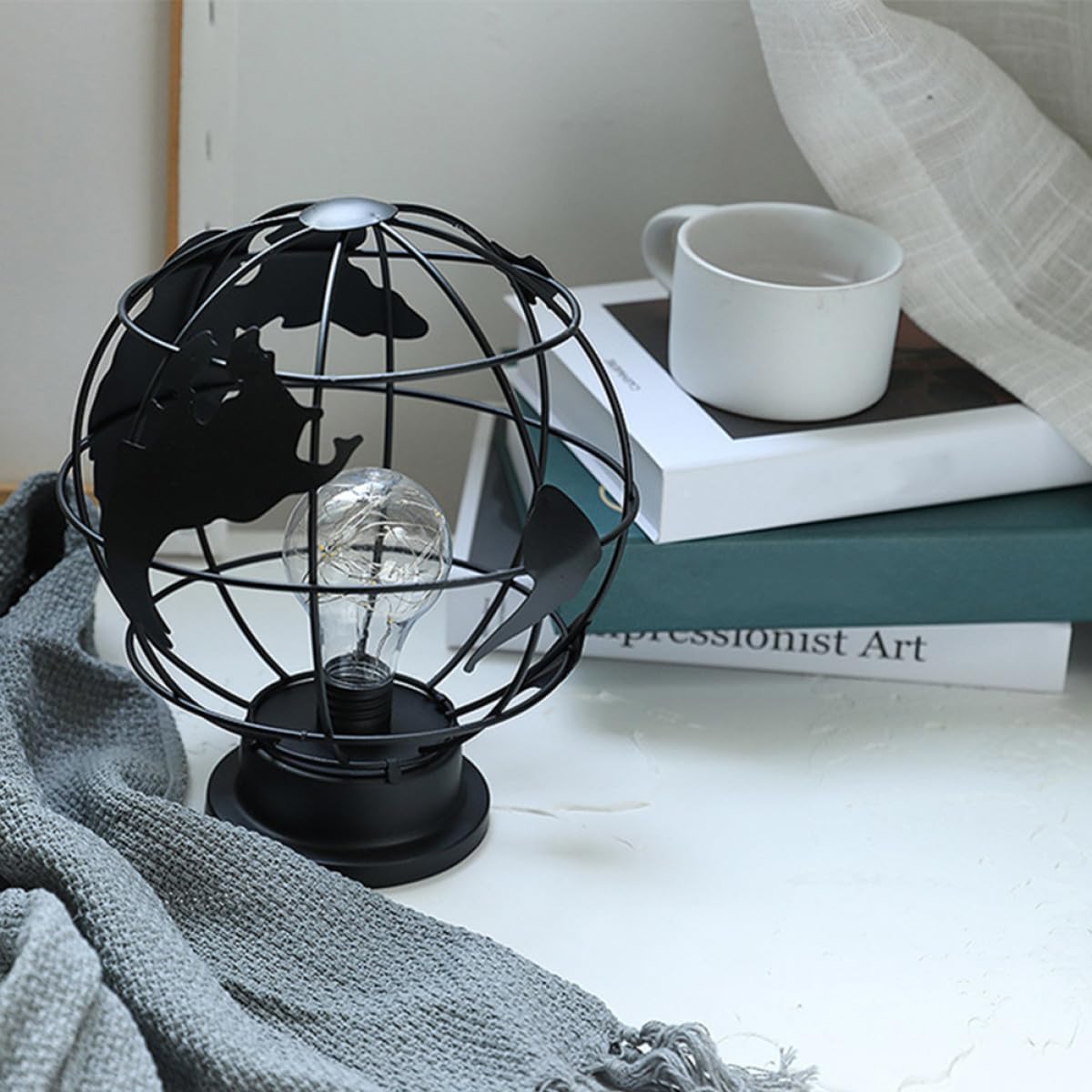Lámpara de Noche Forma de Globo Negra, Luz Decorativa de Sobremesa en Hierro y Plástico, Adecuado para Dormitorio y Sala de Estar