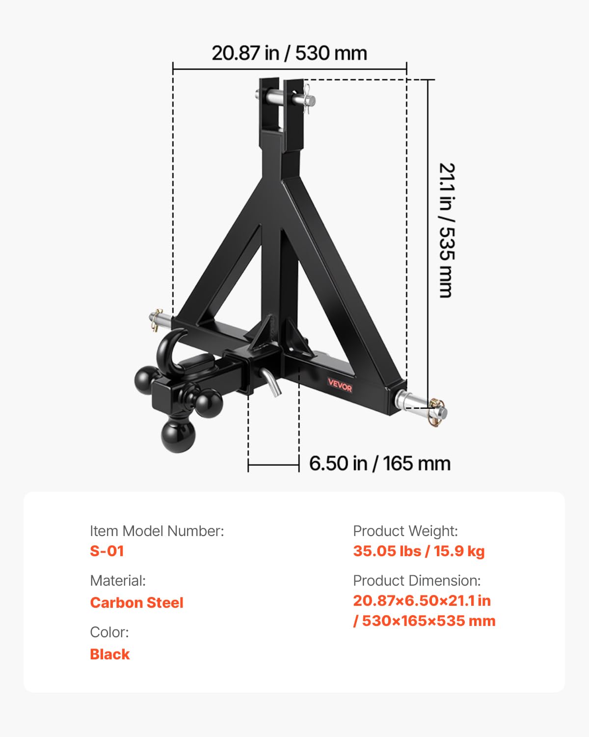 VEVOR Attacco per Rimorchio a 3 Punti con Ricevitore da 50,8 mm, Attacco a 3 Punti con 3 Sfere per Rimorchio, Adattatore per Barra di Traino per Trattore, Compatibile con Kubota, Mahindra, Ford
