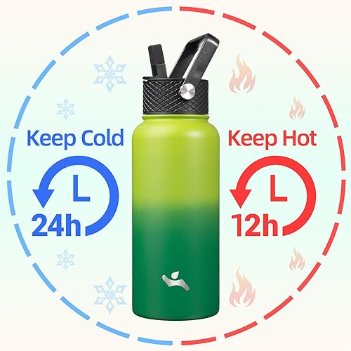 Miniatura 2 de Botella de agua aislada con popote, 32 onzas, 3 tapas, botellas de metal, botella de agua de acero inoxidable, Bamboo Grove