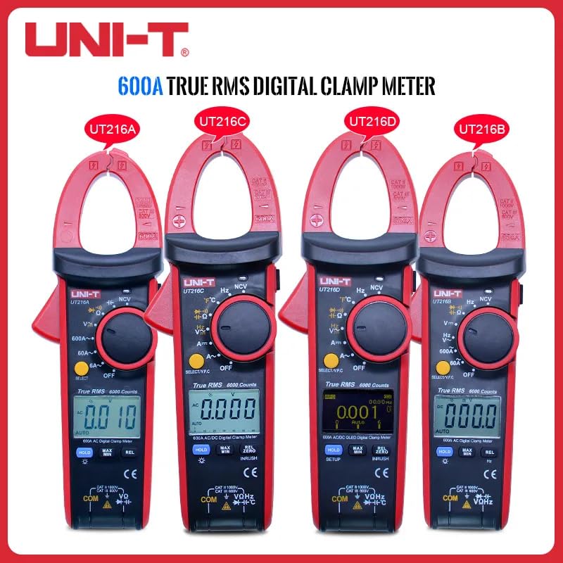 Medidor de pinza digital True RMS Serie UT216 UNI-T UT216C 600A Modos MAX/MIN/Relativo NCV Linterna VFC Pinzas de corriente miniatura 3