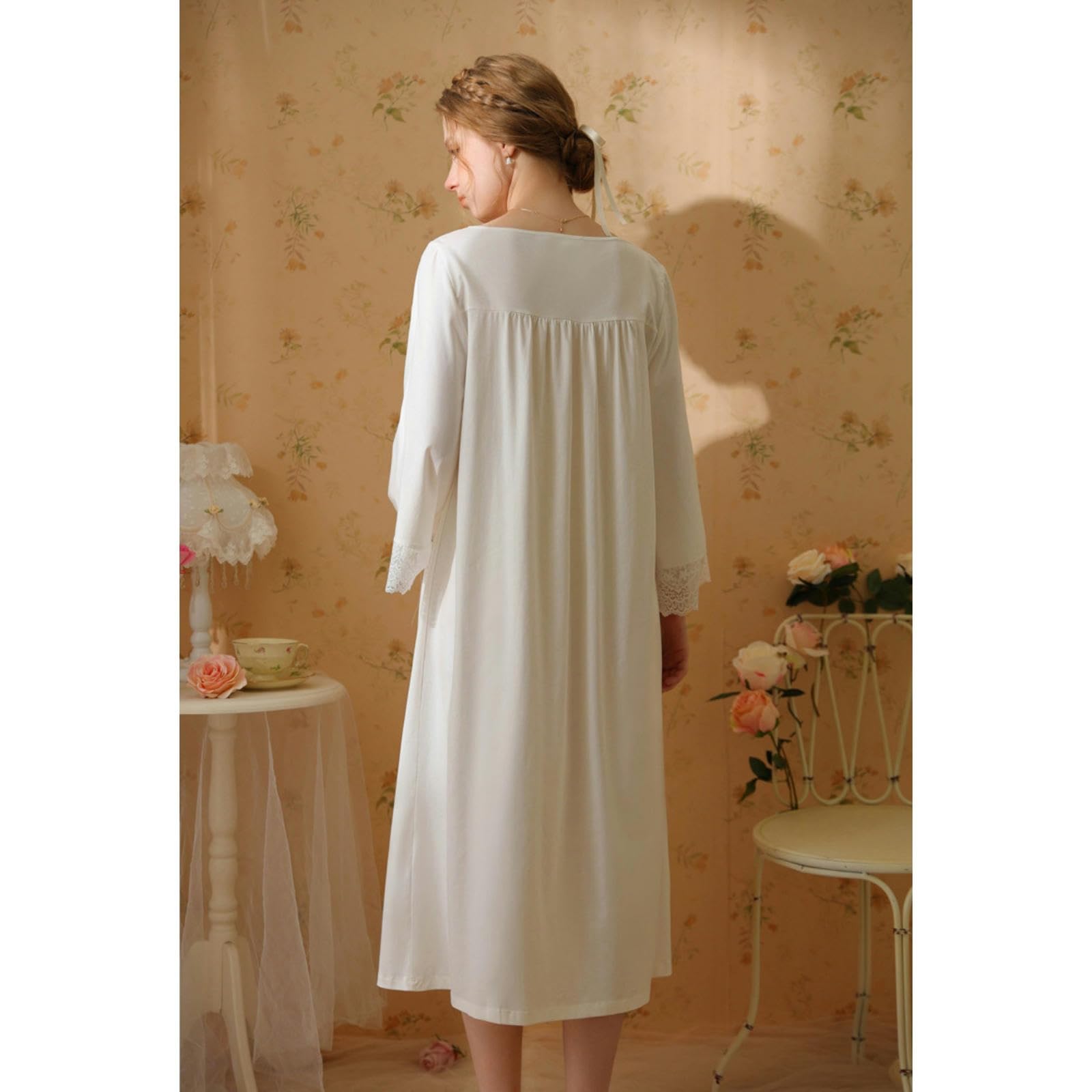 Camicia da Notte Donna Princess Nightdress Women Women Spring And Autumn Long Lace Sweet Girl Cotton Long Dress Lomme-Bianco-XL