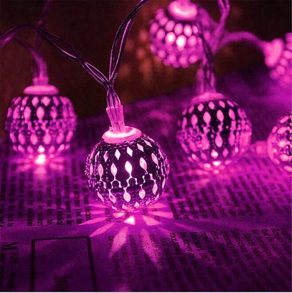 HULX Moroccan String Lights, 3M 20LED Moroccan Ball Outdoor String Lights Metal Ball Lights Moroccan String Light Metal Fairy Lights Battery (Pink)