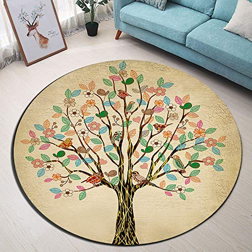 LB Árbol de la Vida Alfombra Redonda Flor y Hoja del pájaro en el árbol Interior Alfombra de Juego de la Puerta del Piso para Sala de Estar Dormitorio habitación de los niños,Diámetro de 120cm