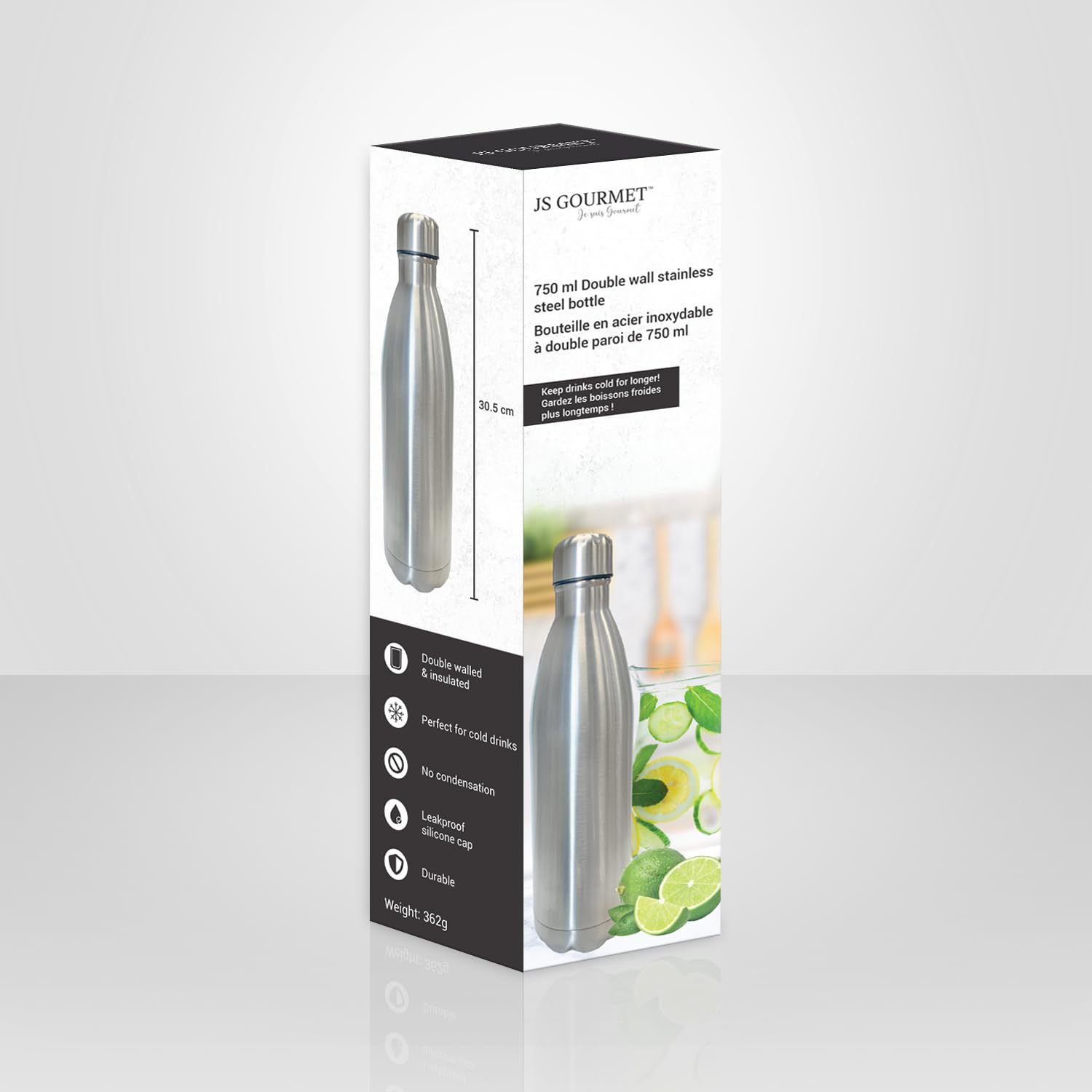 JS Gourmet Botella de agua de acero inoxidable de doble pared de 750 ml con tapa de silicona a prueba de fugas, ligera, reutilizable, botella de metal aislada, mantiene las bebidas calientes o frías