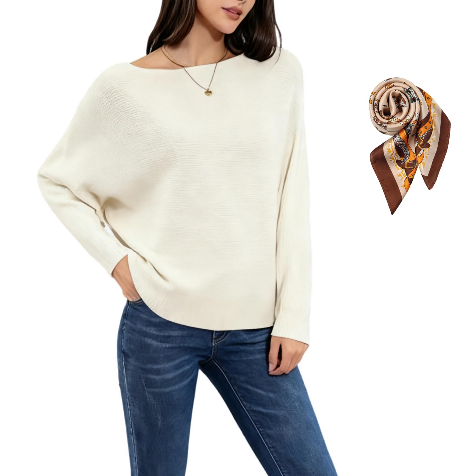 Womens Boat Neck Bat Sleeve Knitted Sweater Batwing Sweaters for Women Comfort Pullovers Tops One Size