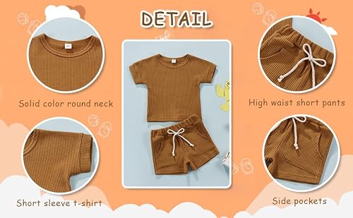 2Pcs Summer Toddler Baby Boy Girl Clothes Set Unisex Waffle Solid Short Sleeve Tops Pocket Drawstring Shorts Outfits (Brown, 12-18 Months) #TOP3