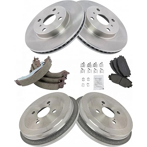 Front & Rear Ceramic Pads Rotors Drums & Brake Shoe Kit Set Compatible with Yaris