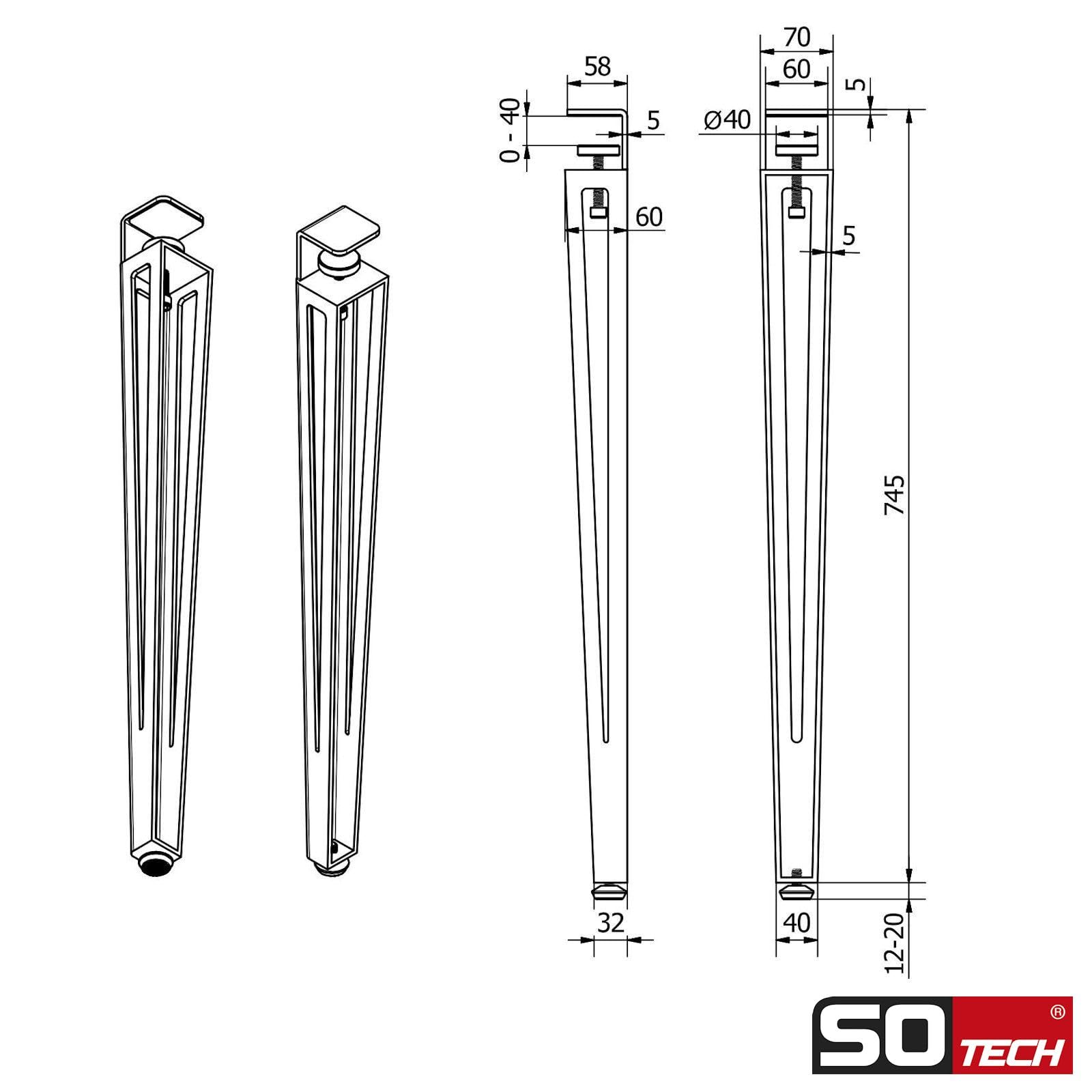 SOTECH lot de 4 pieds de table en forme de F hauteur 745 mm réglables blanc coniques de 70 à 40 mm avec vis de serrage (sans perçage) pour table de cuisine, table à manger, table de bureau