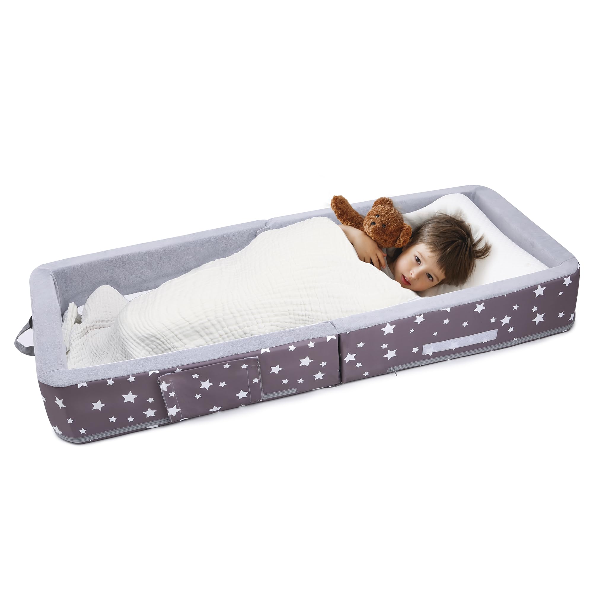 Mooedcoe Foldable Toddler Floor Bed with Sides, Folding Toddler Bed for Travel Kid Foam Sleeping Cot (Star), Grey
