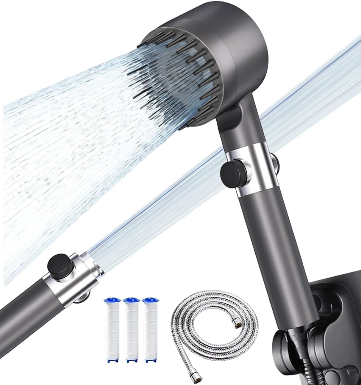 Cabezal de Ducha con Filtros Antical, Alcachofa Ducha Alta Presión, Alcachofa de Ducha con 4 Modos, con Botón de ON/OFF Adecuado para la Limpieza de Mascotas/Baños, Gris Plateado