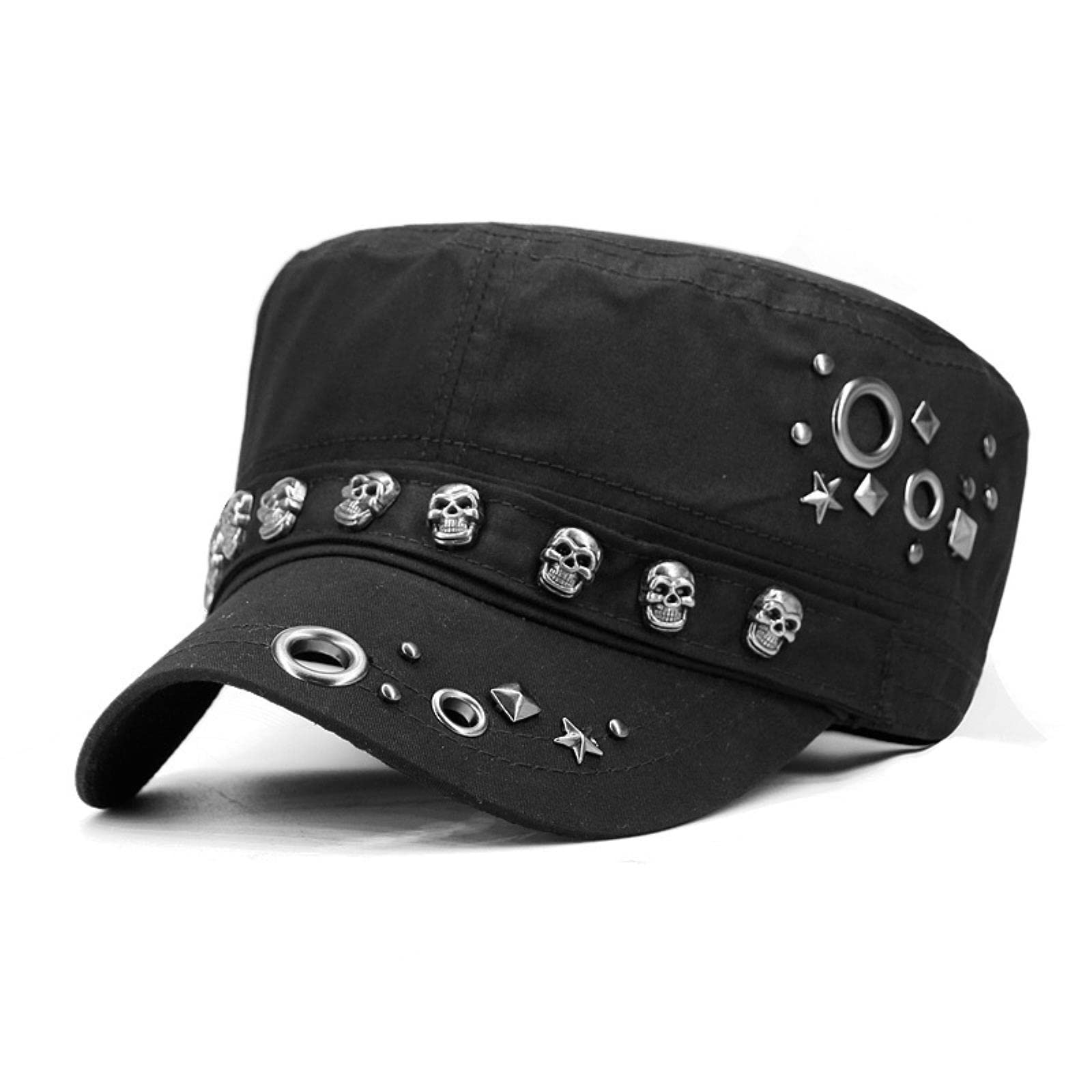 Gorra de Mujer a la Moda para Adultos Hip Hop Punk Rock Skull Rivet Flat Peaked Hats Hombres Primavera y otoño Gorras de béisbol Ajustadas-Negro