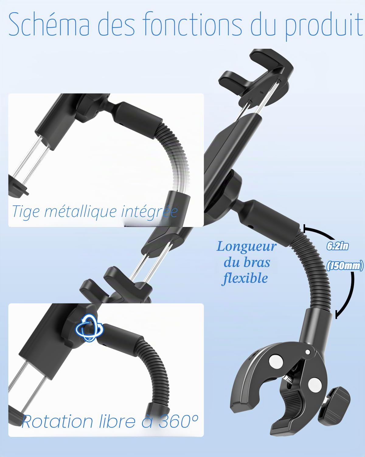 Col de Cygne Support Tablette de Vélo, [métallique intégrée] - Support de Tablette de vélo d'exercice,pour iPad, Sumsung Tab, Sony Autre 4.7-12.9" Telephone et Tablette