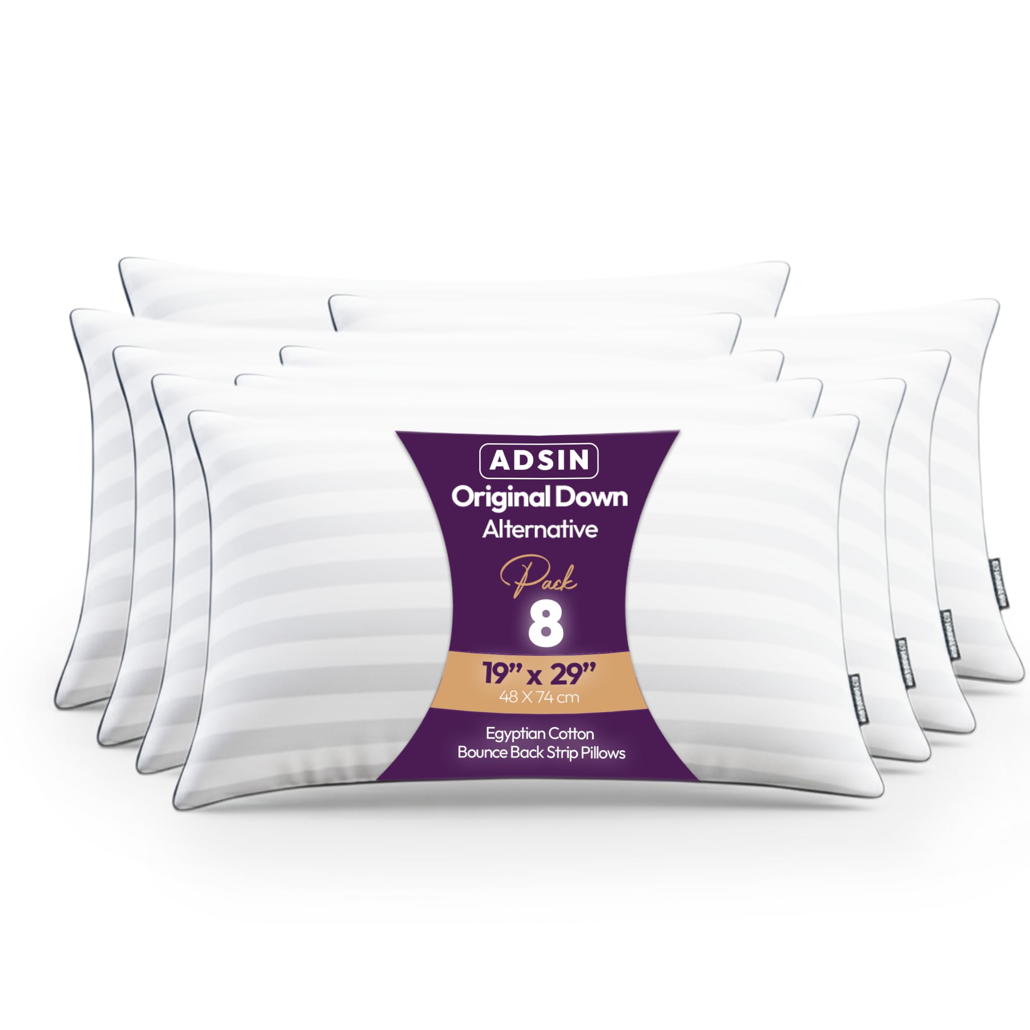 adsin Exrta Filled Egyptian Cotton Bounce Back Strip Pillows Hollow-fibre Dust Resisted Filled, Ultimate Luxury Sleep, Premium Hypoallgernic (Egyptian Cotton Stripe, 8 Count (Pack of 1))