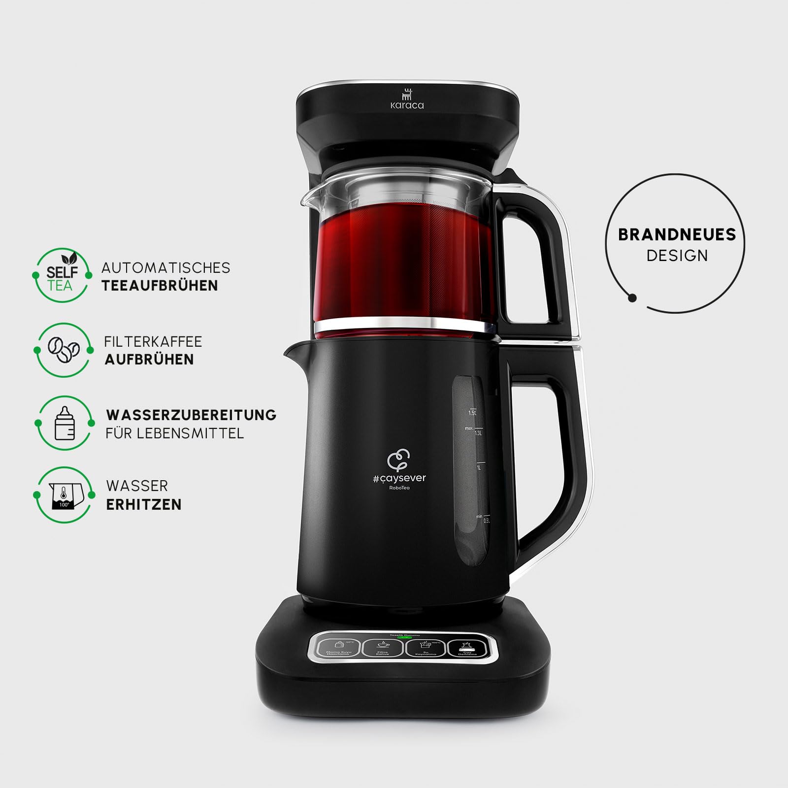 Karaca Caysever Robotea Pro 4-en-1 Theiere Electrique Automatique, Machine à Café Filtré, Bouilloire à Thé, Theiere avec Infuseur, 2500W, Chrome