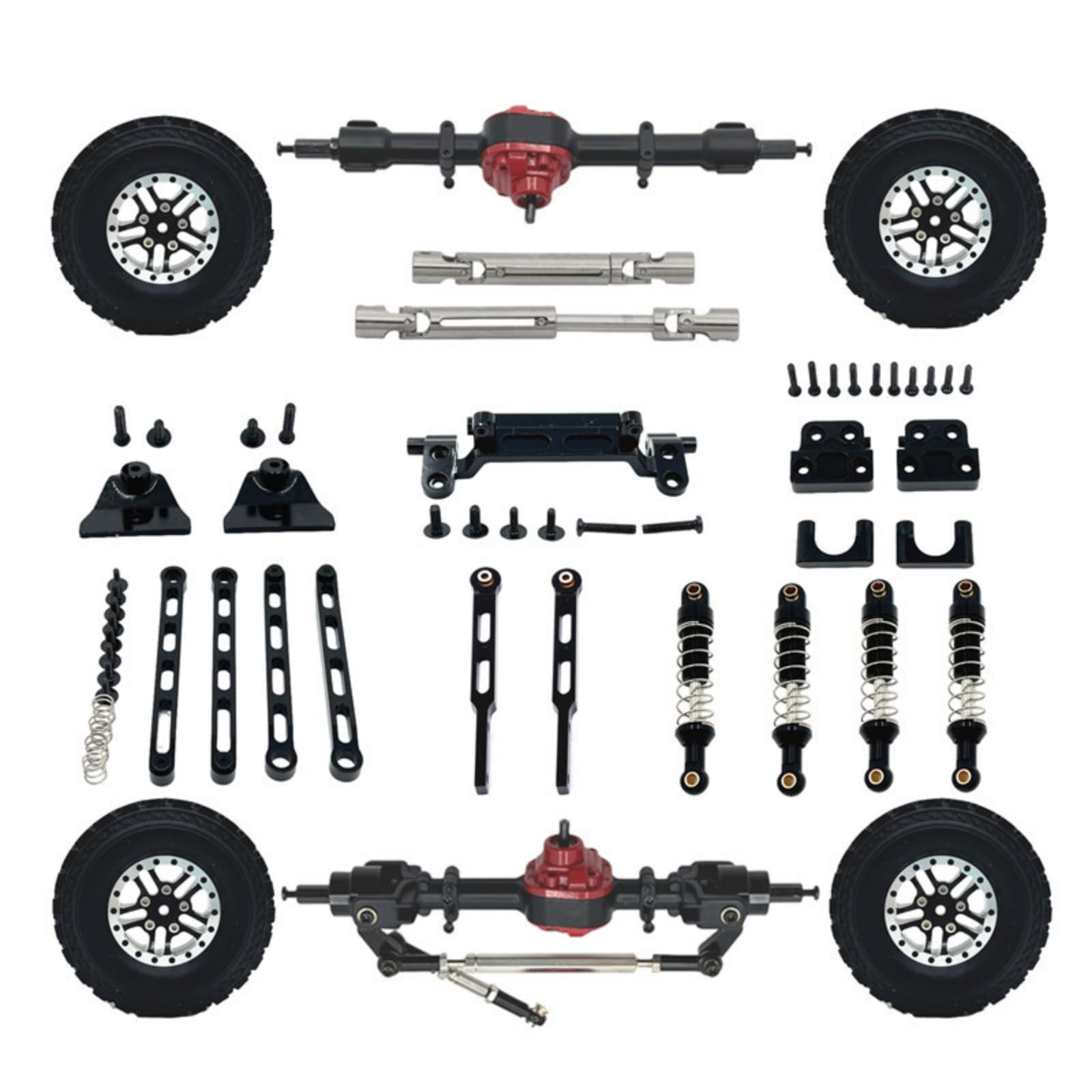 Veicolo Industriale Kit di Upgrade in Metallo RC Auto Trazione Ammortizzatori Ruote Set Completo Materiale Metallo Gomma Adatto per Modellismo Fuoristrada Hobbisti, Nero