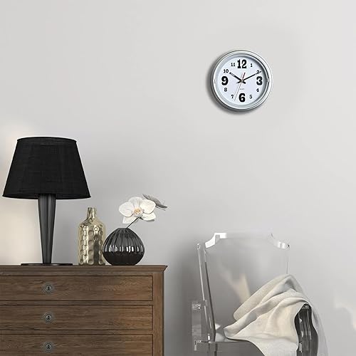Miniatura 6 de Reloj de pared plateado de 8 pulgadas, reloj de pared con movimiento silencioso, fácil de leer, funciona con pilas, adecuado para salas de estar,