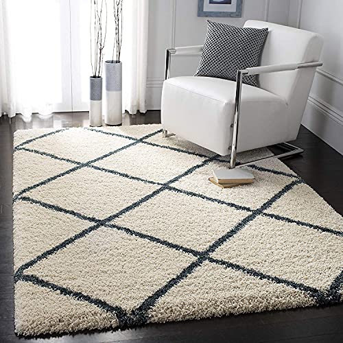 Image of Handwoven Premium Shaggy Fur Rectangular Rugs And Carpet For Living Room, Bedroom, Hall, Baby Room (5X7 Feet, Ivory & Slate Blue)