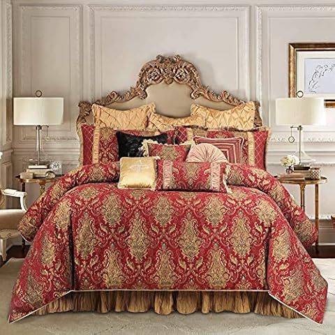 Loom and Mill 13-Piece Comforter Bed in a Bag, Classic Damask Jacquard Comforter Sets King, Luxury Bedding Set with Bed Skirt, Euro Shams and Decorative Pillows, All Season(Florence, King) Red Cover