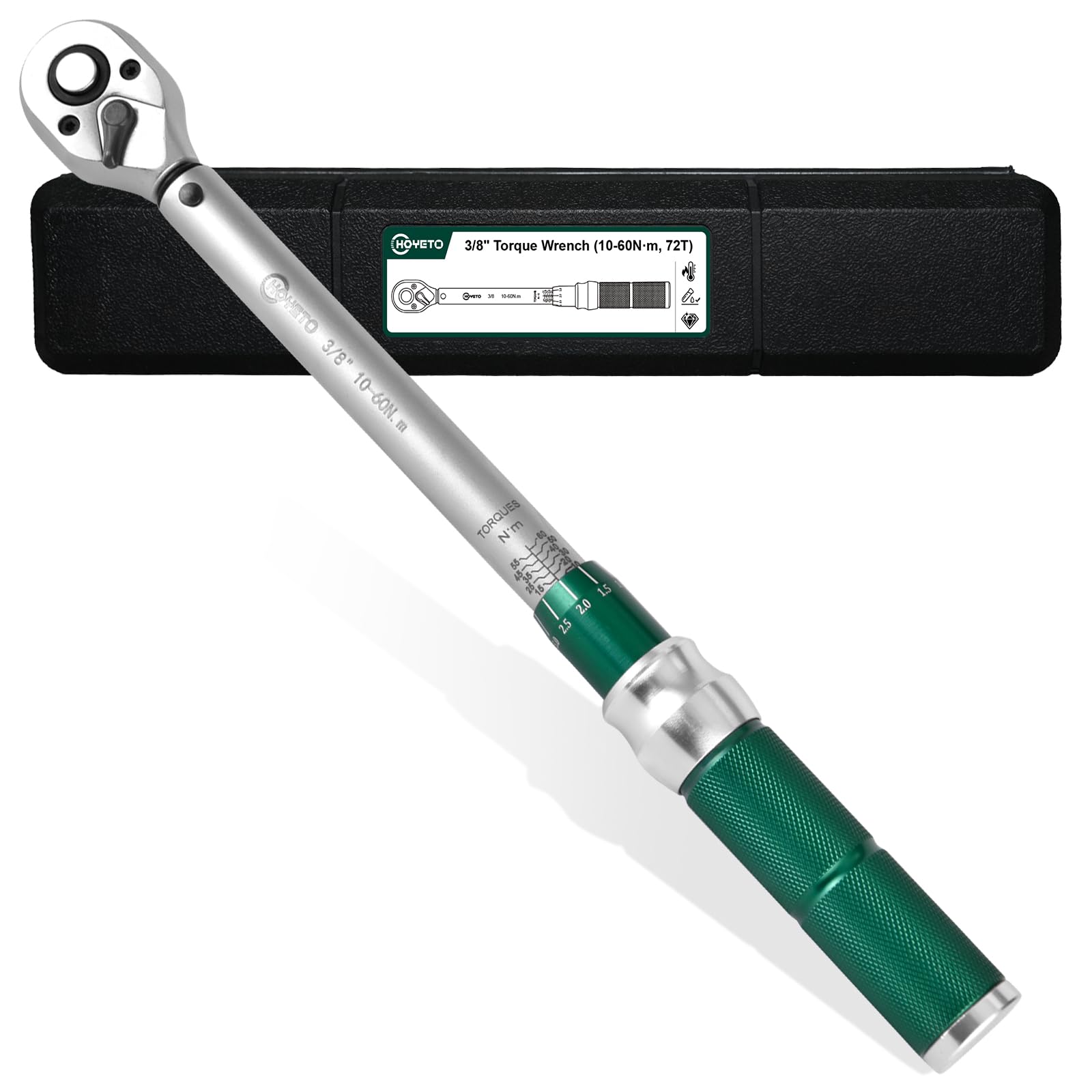 HOYETO 3/8-Inch Drive Click-Type Torque Wrench 10-60 Nm, 72 Tooth, ±3% Precision with Nm/FT-LB Scales for Automotive, Motorcycle, Bike Repair & Home Maintenance