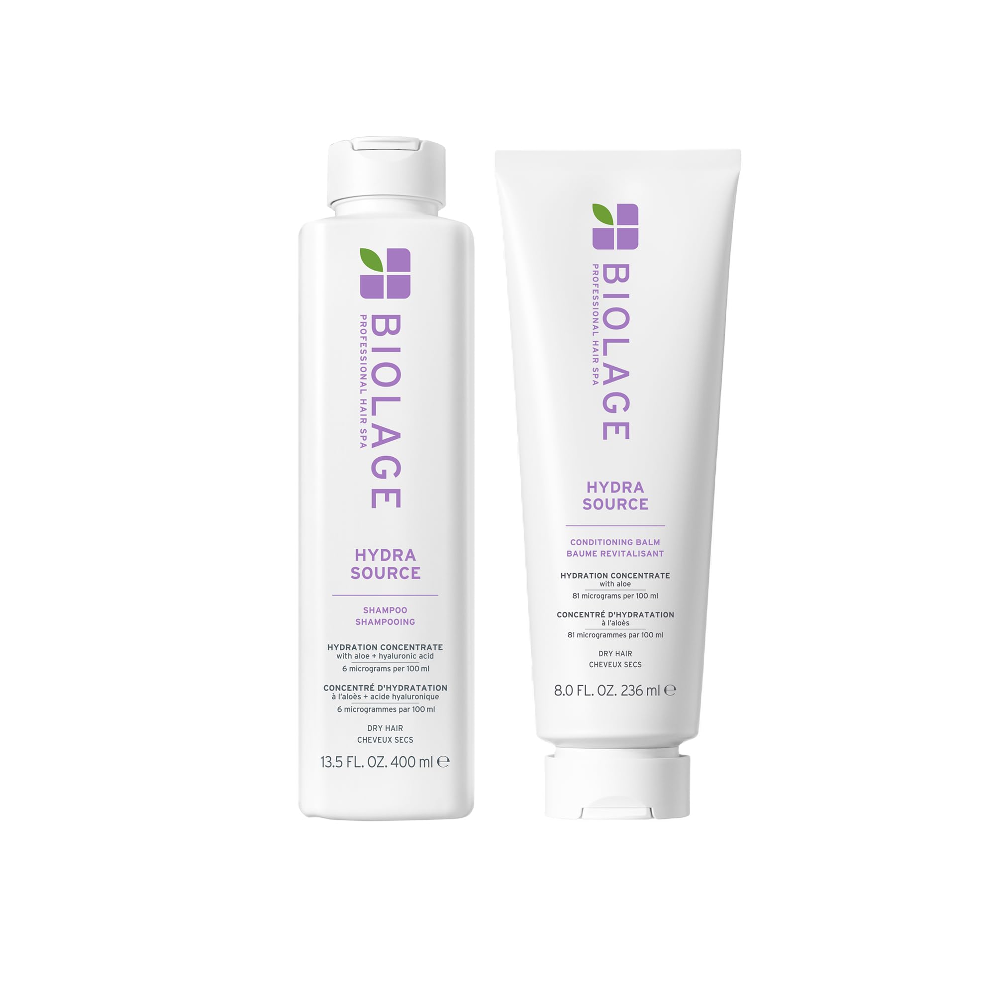 Biolage, Kit Shampoo + Balsamo Nutriente per Capelli Secchi e Danneggiati, Azione Idratante e Illuminante, Arricchito con Aloe Vera e Acido Ialuronico, Hydrasource, 400 ml + 236 ml