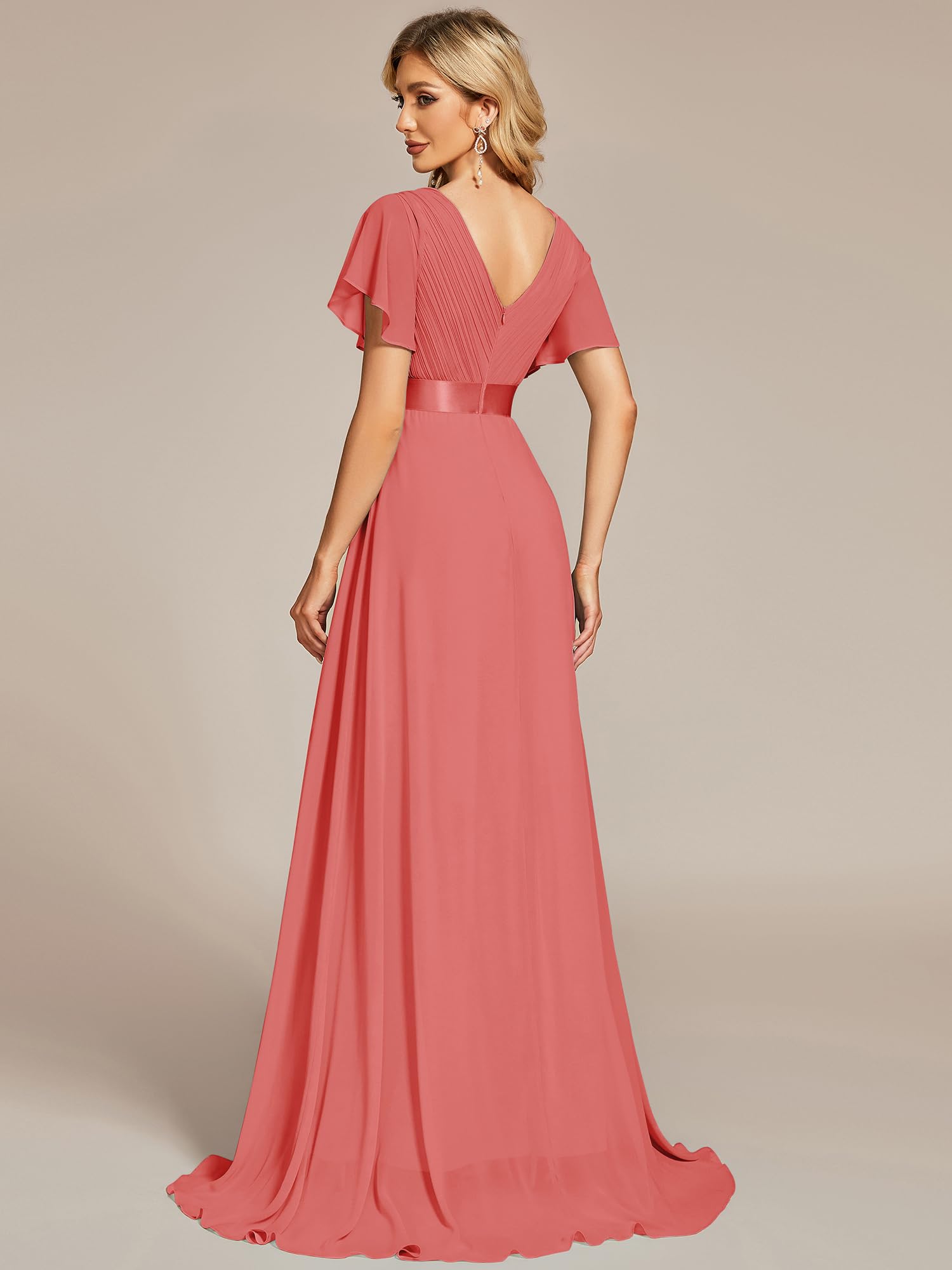Ever-Pretty A-línea Vestido de Fiesta Cuello en V Manga Corta Gasa Corte Imperio para Mujer 09890