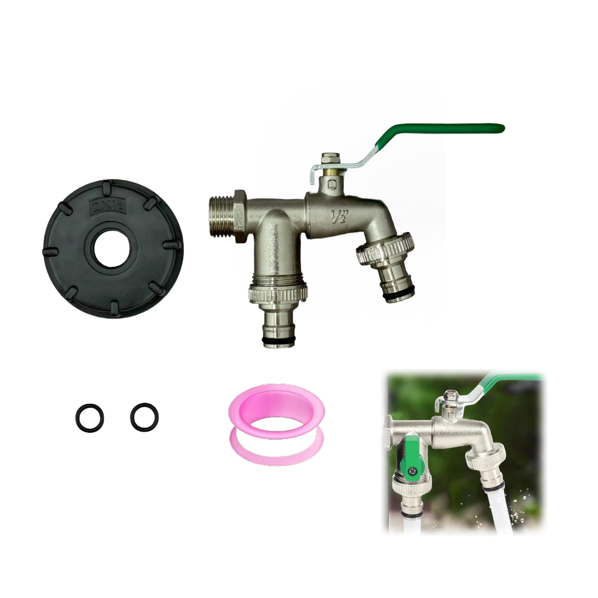 Zuchini Green Double Outlet Garden Tap，Outdoor Tap ，Outside Rustproof Antifreeze Faucets With G1/2 Inch Inlet And Two G3/4 Inch Outlets For Gardens,Washing Machine，Rain Barrel（Green）