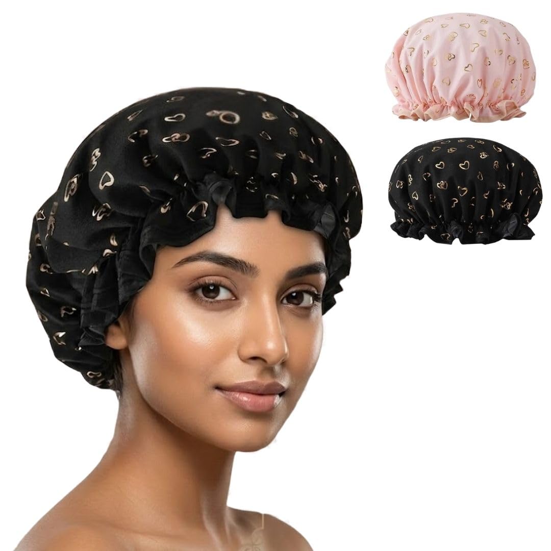 Shower Cap for Women Reusable | 2-Pack Waterproof PE Plastic Hair Mask & Shower Cap for Kids and Women with Cute Heart Design-image-9