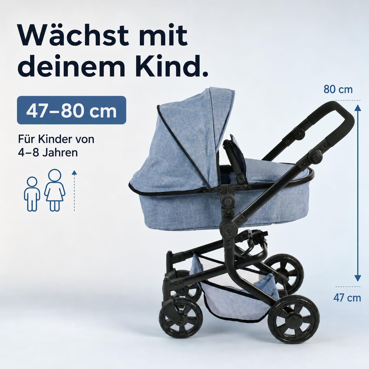 Bayer Chic 2000 - Cochecito de muñecas Mika, 2 en 1, para niños de 4 a 8 años, azul vaquero, 73 x 41 x 82 cm