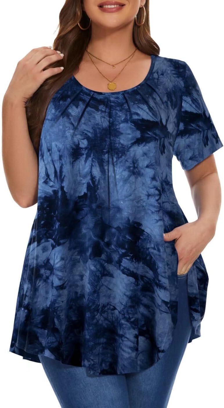 MONNURO Womens Summer Tops Plus Size Tops Short Sleeve Pleated Shirts Swing Blouse Tunic Tops for Curvy Women - Image 4